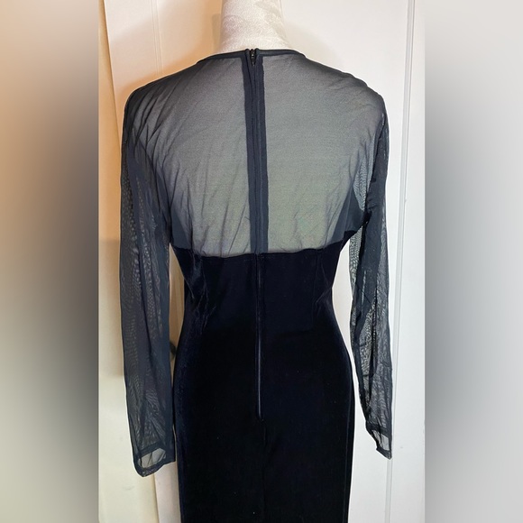 Vintage 90’s Velvet Maxi Dress Mesh Long Sleeves with Side Slit barbiecore noir - Picture 6 of 8